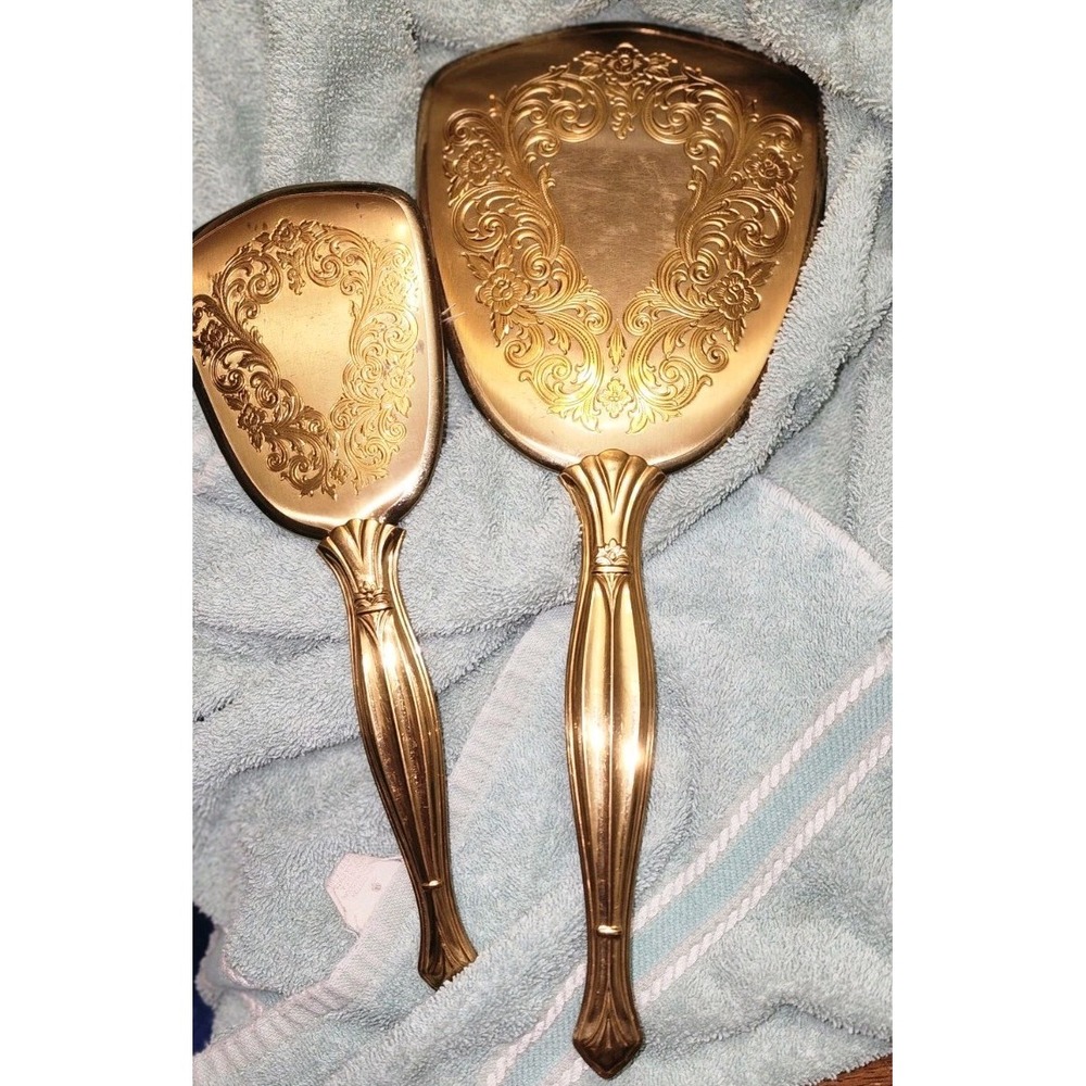 Vintage Gold Tone Piece Vanity Set Hand Mirror Brush Coppery Grannycore Cottagec